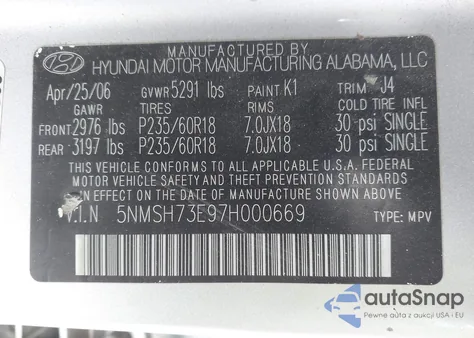 2007 Hyundai Santa Fe Limited/Se z USA, uszkodzony, nr VIN 5NMSH73E97H000669